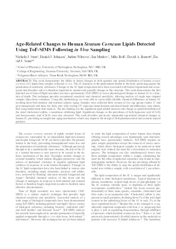 Age-related changes to human stratum corneum lipids detected using time-of-flight secondary ion mass spectrometry following in vivo sampling Thumbnail