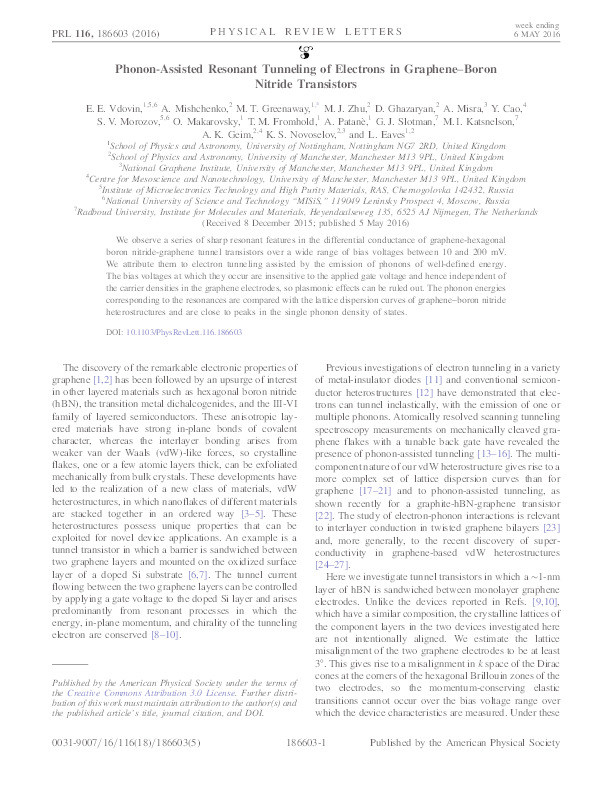 Phonon-Assisted Resonant Tunneling of Electrons in Graphene–Boron Nitride Transistors Thumbnail