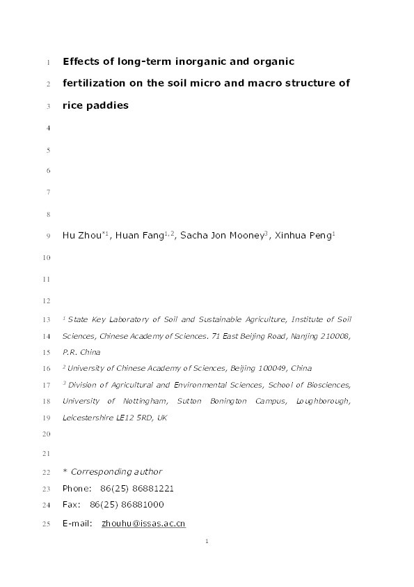 Effects of long-term inorganic and organic fertilizations on the soil micro and macro structures of rice paddies Thumbnail