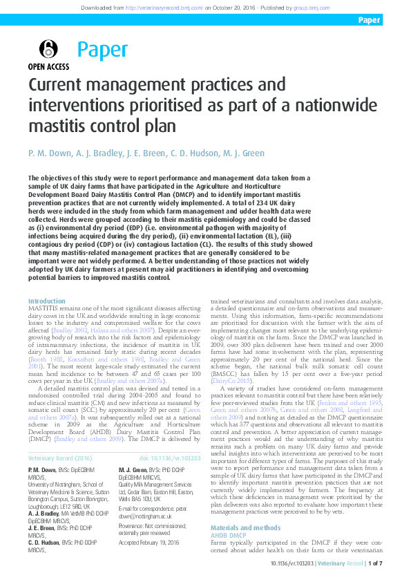 Current management practices and interventions prioritised as part of a nationwide mastitis control plan Thumbnail