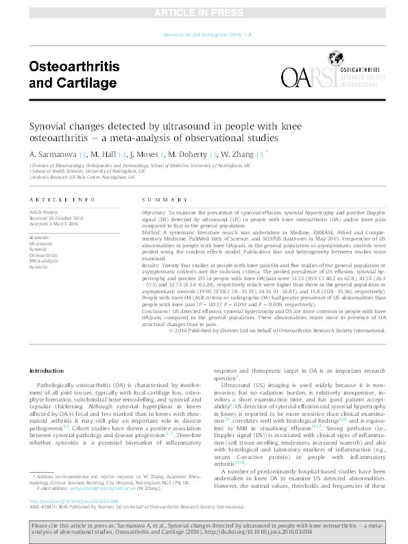 Synovial changes detected by ultrasound in people with knee osteoarthritis – a meta-analysis of observational studies Thumbnail