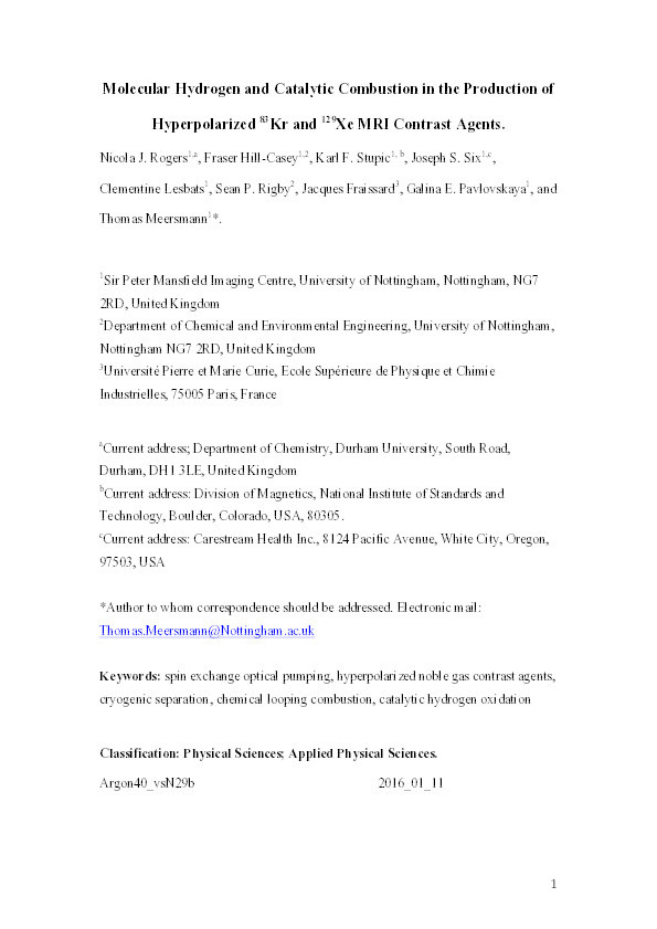 Molecular hydrogen and catalytic combustion in the production of hyperpolarized 83Kr and 129Xe MRI contrast agents Thumbnail