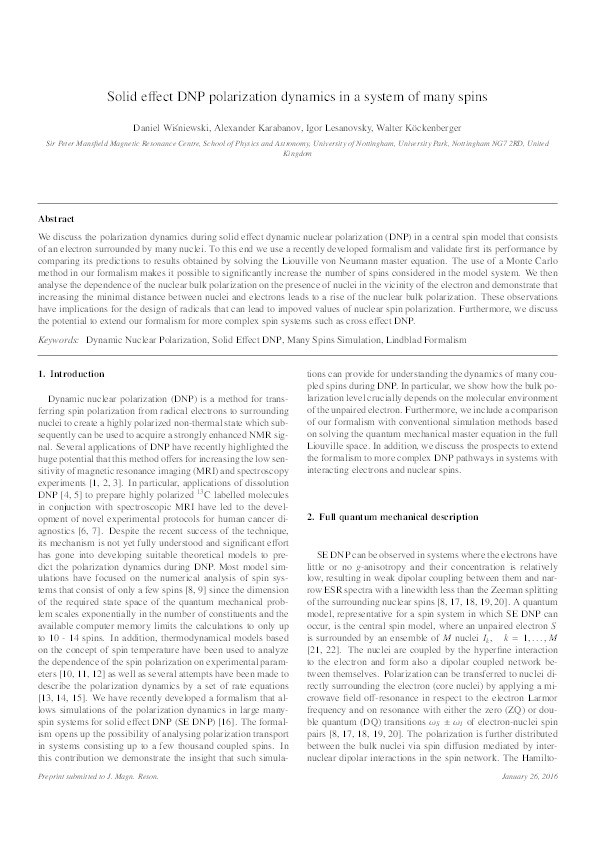 Solid effect DNP polarization dynamics in a system of many spins Thumbnail