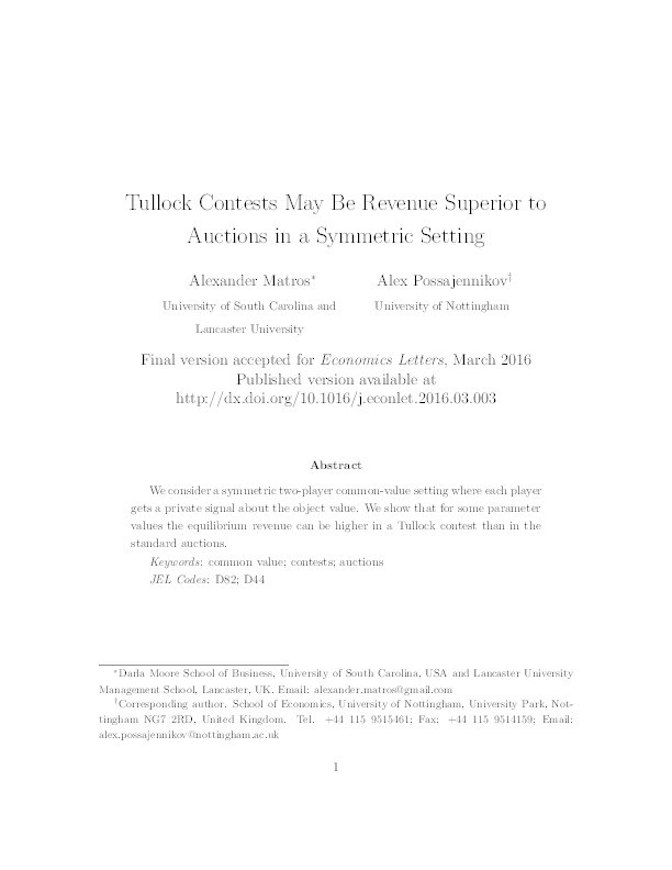 Tullock contests may be revenue superior to auctions in a symmetric setting Thumbnail