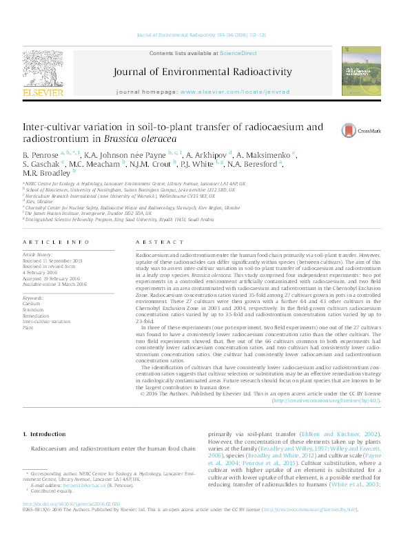 Inter-cultivar variation in soil-to-plant transfer of radiocaesium and radiostrontium in Brassica oleracea Thumbnail