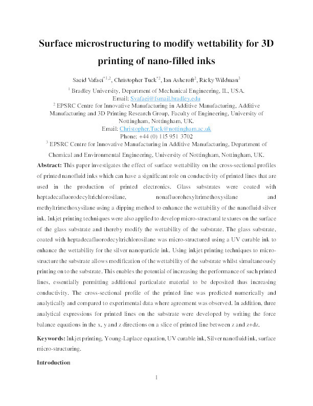 Surface microstructuring to modify wettability for 3D printing of nano-filled inks Thumbnail