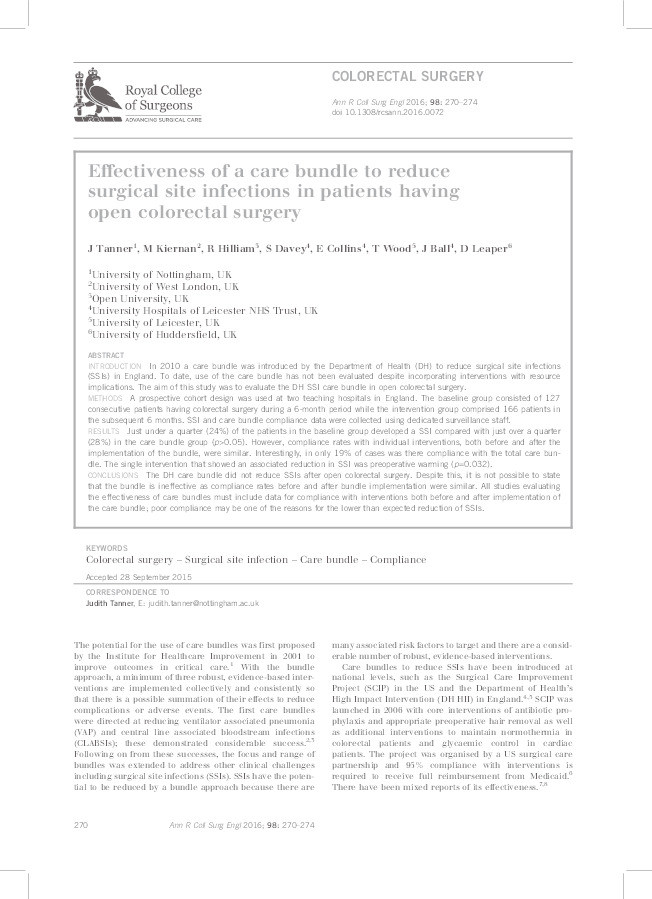 Effectiveness of a care bundle to reduce surgical site infections in patients having open colorectal surgery Thumbnail