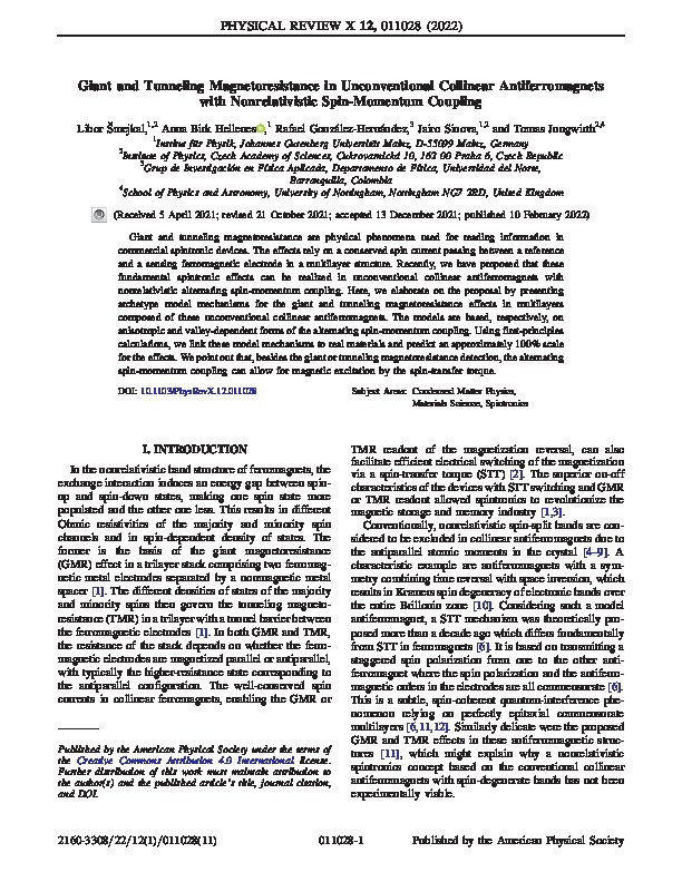 Giant and Tunneling Magnetoresistance in Unconventional Collinear Antiferromagnets with Nonrelativistic Spin-Momentum Coupling Thumbnail