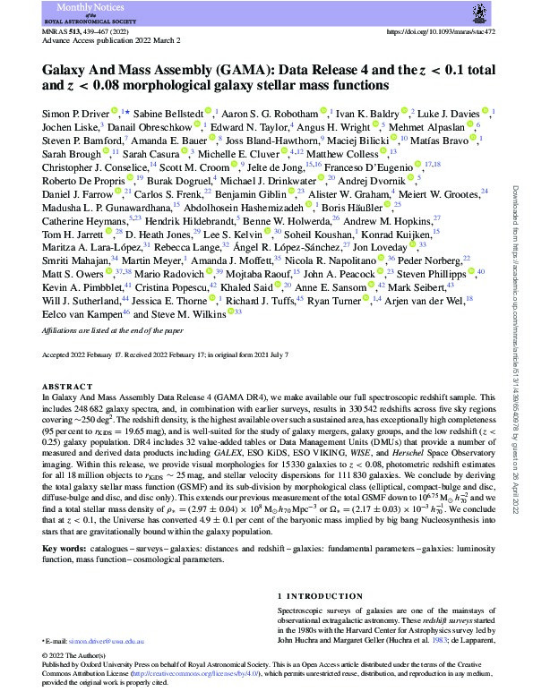 Galaxy And Mass Assembly (GAMA): Data Release 4 and the z < 0.1 total and z < 0.08 morphological galaxy stellar mass functions Thumbnail