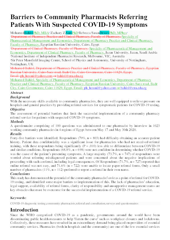 Barriers to Community Pharmacists Referring Patients With Suspected COVID-19 Symptoms Thumbnail