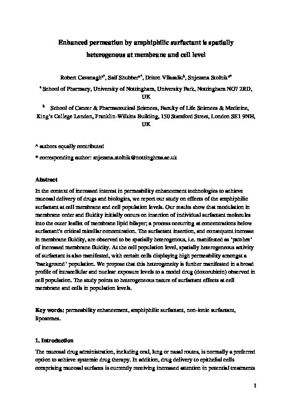 Enhanced permeation by amphiphilic surfactant is spatially heterogenous at membrane and cell level Thumbnail