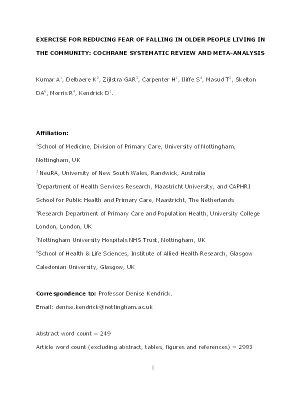 Exercise for reducing fear of falling in older people living in the community: Cochrane systematic review and meta-analysis Thumbnail