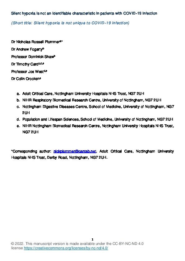 Silent hypoxia is not an identifiable characteristic in patients with COVID-19 infection Thumbnail