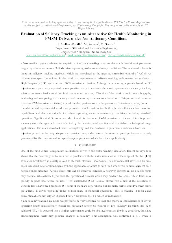 Evaluation of saliency tracking as an alternative for health monitoring in PMSM-drives under nonstationary conditions Thumbnail