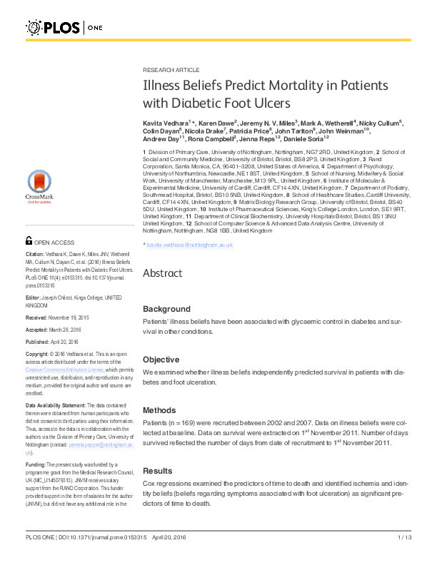 Illness beliefs predict mortality in patients with diabetic foot ulcers Thumbnail