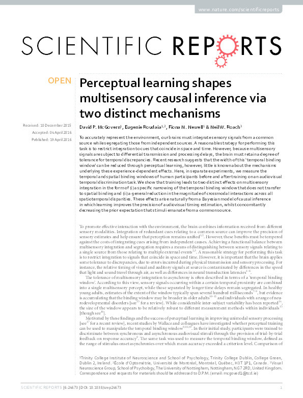 Perceptual learning shapes multisensory causal inference via two distinct mechanisms Thumbnail