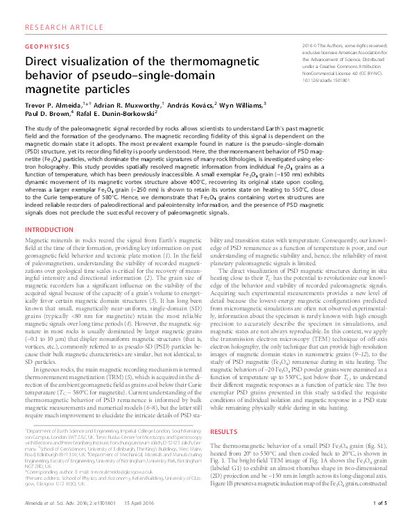 Direct visualization of the thermomagnetic behavior of pseudo-single-domain magnetite particles Thumbnail