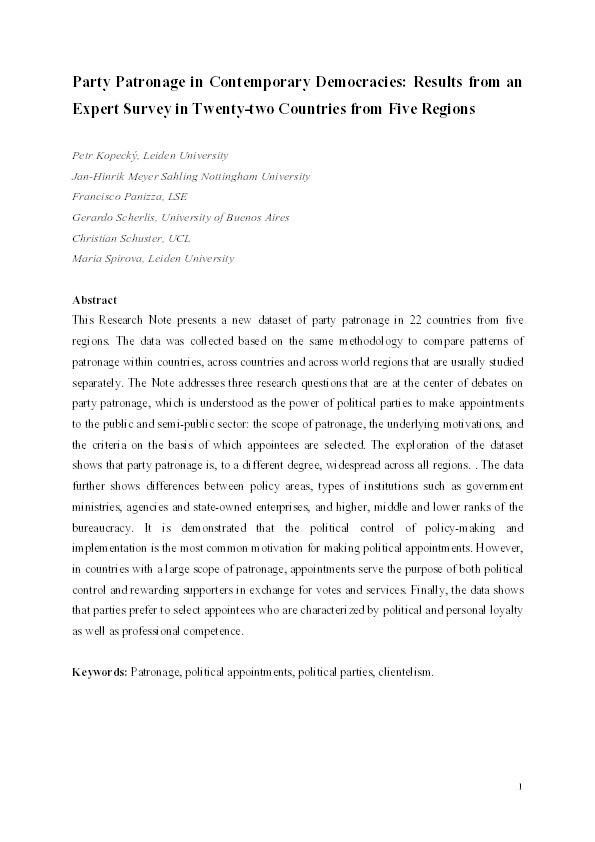 Party patronage in contemporary democracies: results from an expert survey in 22 countries from five regions Thumbnail