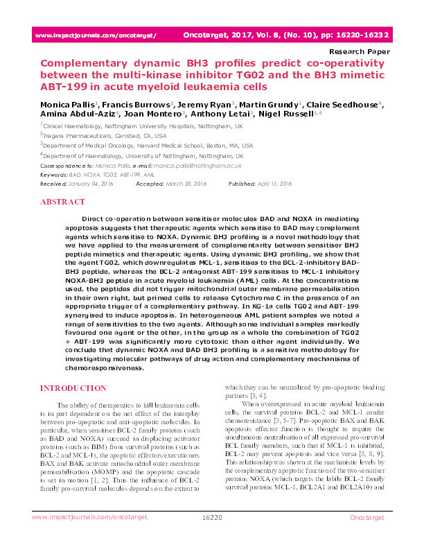 Complementary dynamic BH3 profiles predict co-operativity between the multi-kinase inhibitor TG02 and the BH3 mimetic ABT-199 in acute myeloid leukaemia cells Thumbnail