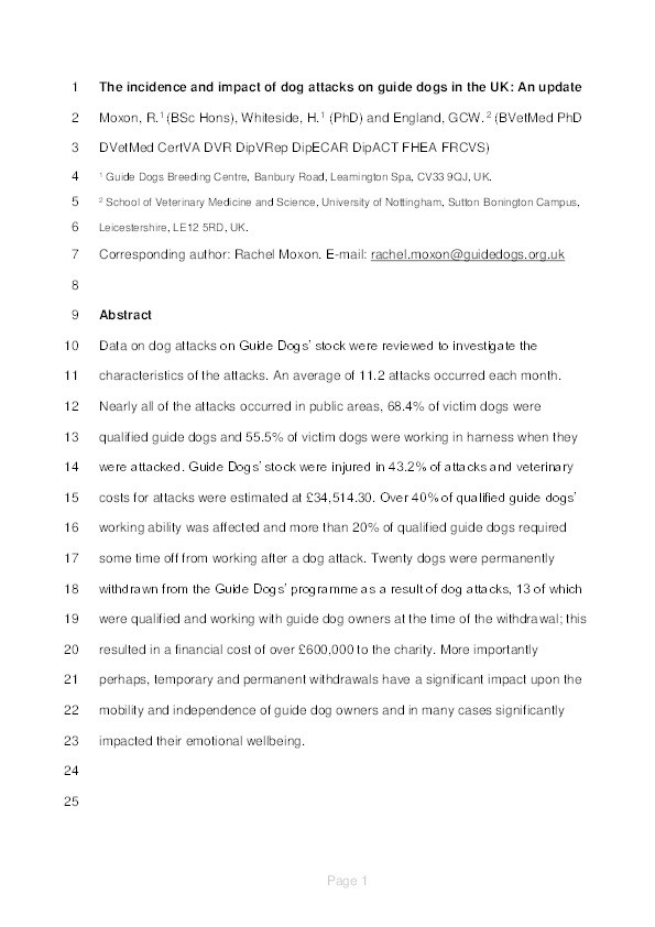 Incidence and impact of dog attacks on guide dogs in the UK: an update Thumbnail