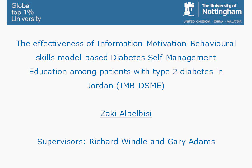 The effectiveness of Information-Motivation-Behavioural Skills model-based Diabetes Self-Management Education among patients with type 2 diabetes in Jordan (IMB-DSME) Thumbnail