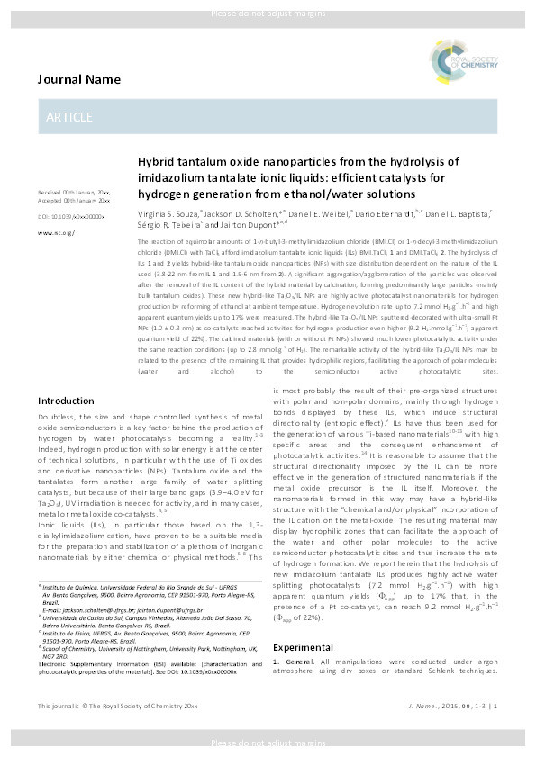 Hybrid tantalum oxide nanoparticles from the hydrolysis of imidazolium tantalate ionic liquids: efficient catalysts for hydrogen generation from ethanol/water solutions Thumbnail