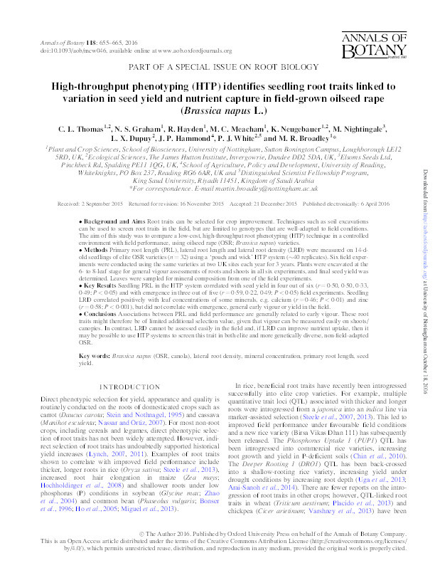 High-throughput phenotyping (HTP) identifies seedling root traits linked to variation in seed yield and nutrient capture in field-grown oilseed rape (Brassica napus L.) Thumbnail