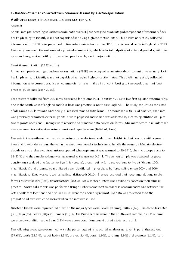 Evaluation of semen collected from commercial rams by electro-ejaculation Thumbnail