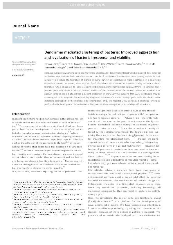 Dendrimer mediated clustering of bacteria: improved aggregation and evaluation of bacterial response and viability Thumbnail