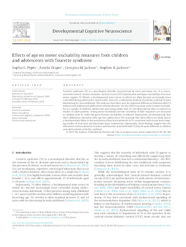 Effects of age on motor excitability measures from children and adolescents with Tourette syndrome Thumbnail