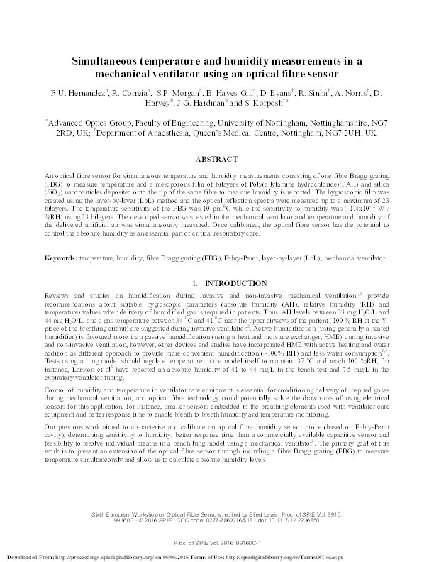 Simultaneous temperature and humidity measurements in a mechanical ventilator using an optical fibre sensor Thumbnail