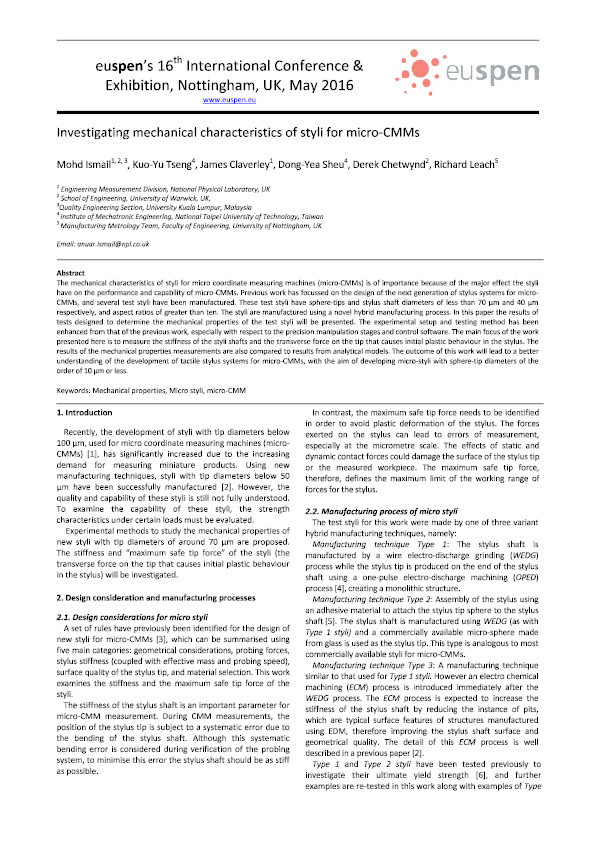 Investigating mechanical characteristics of styli for micro-CMMs Thumbnail