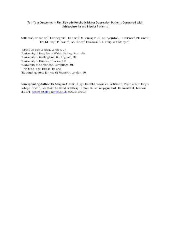 Ten-year outcomes in first episode psychotic major depression patients compared with schizophrenia and bipolar patients Thumbnail