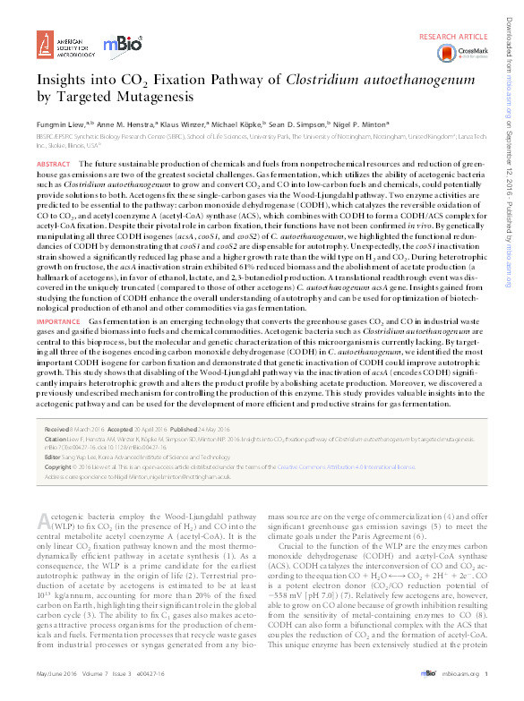 Insights into CO2 fixation pathway of Clostridium autoethanogenumby targeted mutagenesis Thumbnail