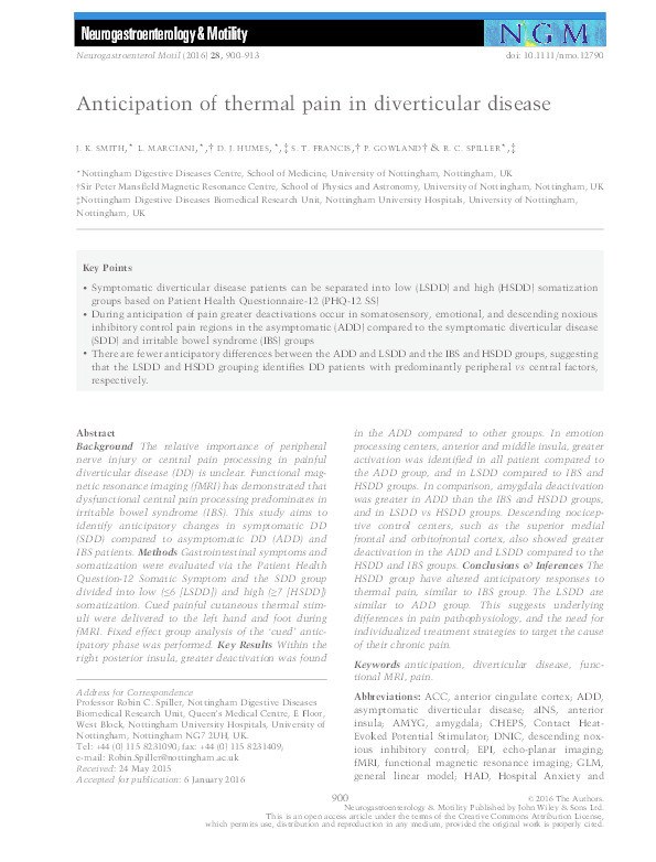 Anticipation of thermal pain in diverticular disease Thumbnail