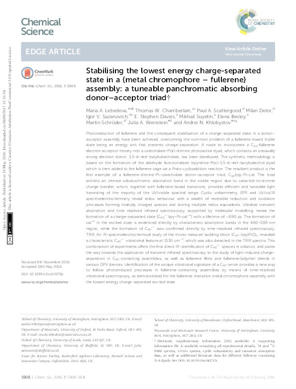 Stabilising the lowest energy charge-separated state in a {metal chromophore - fullerene} assembly: a tuneable panchromatic absorbing donor-acceptor triad Thumbnail