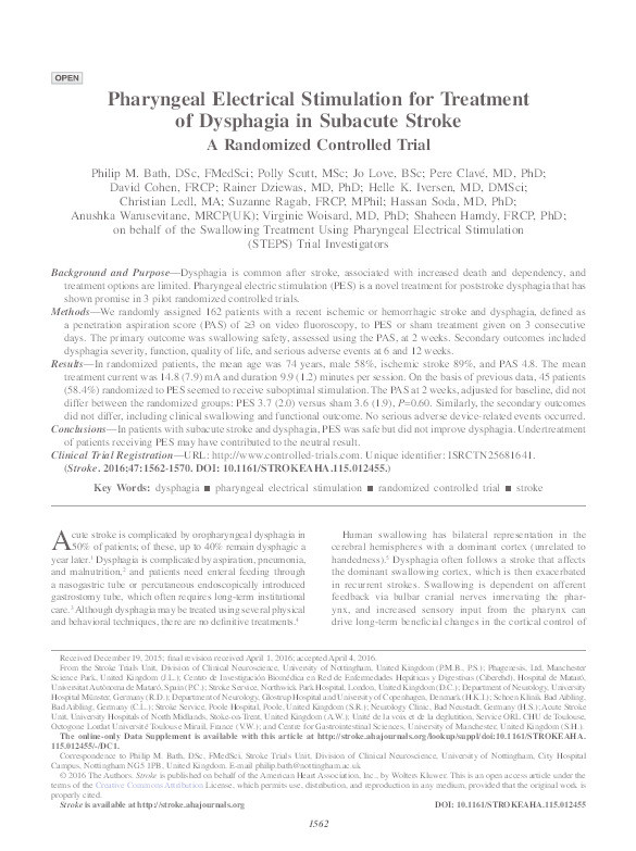 Pharyngeal electrical stimulation for treatment of dysphagia in subacute stroke Thumbnail