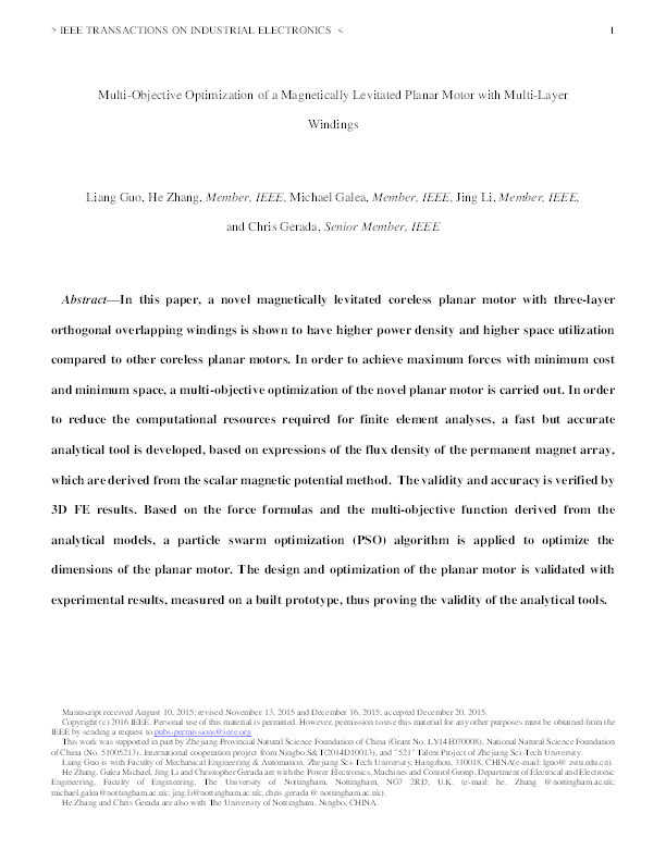 Multi-objective optimization of a magnetically levitated planar motor with multi-layer windings Thumbnail