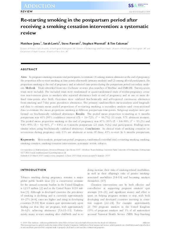 Re-starting smoking in the postpartum period after receiving a smoking cessation intervention: a systematic review Thumbnail