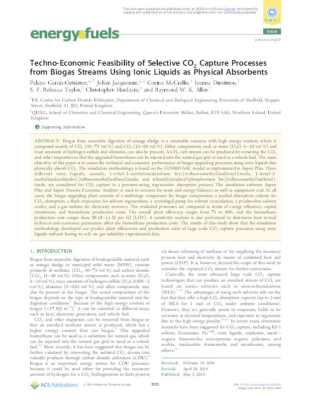 Techno-economic feasibility of selective CO2 capture processes from biogas streams using ionic liquids as physical absorbents Thumbnail