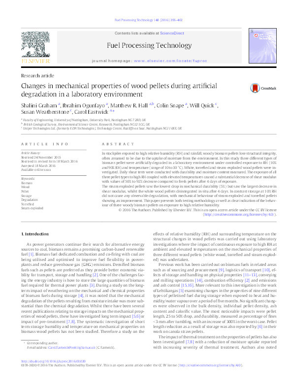 Changes in the mechanical properties of biomass wood pellets during artificial degradation in a laboratory environment Thumbnail