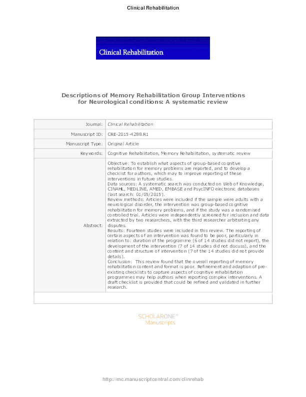 Descriptions of memory rehabilitation group interventions for neurological conditions: a systematic review Thumbnail