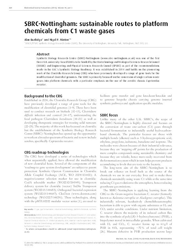 SBRC-Nottingham: sustainable routes to platform chemicals from C1 wastes Gases Thumbnail