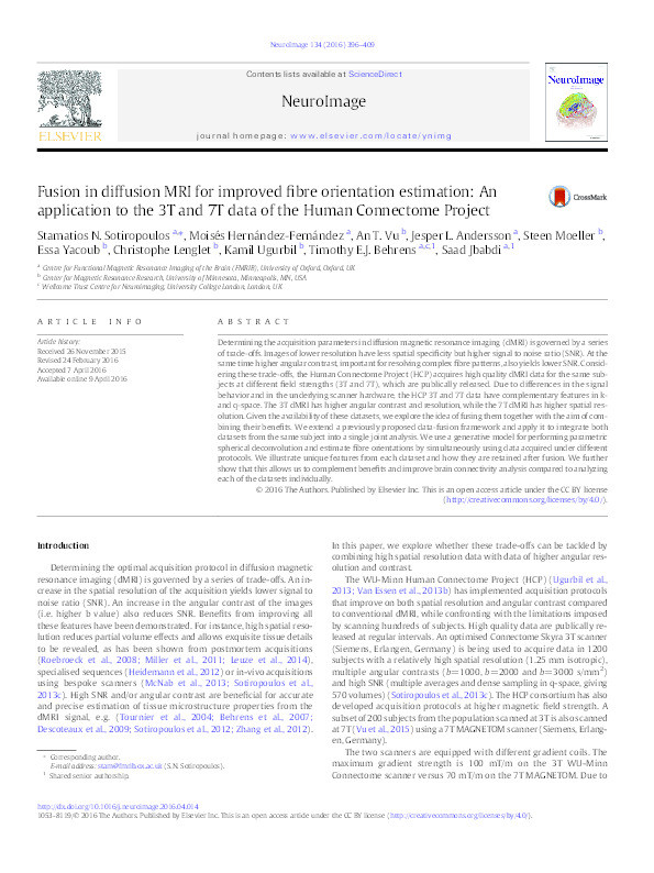 Fusion in diffusion MRI for improved fibre orientation estimation: an application to the 3T and 7T data of the Human Connectome Project Thumbnail