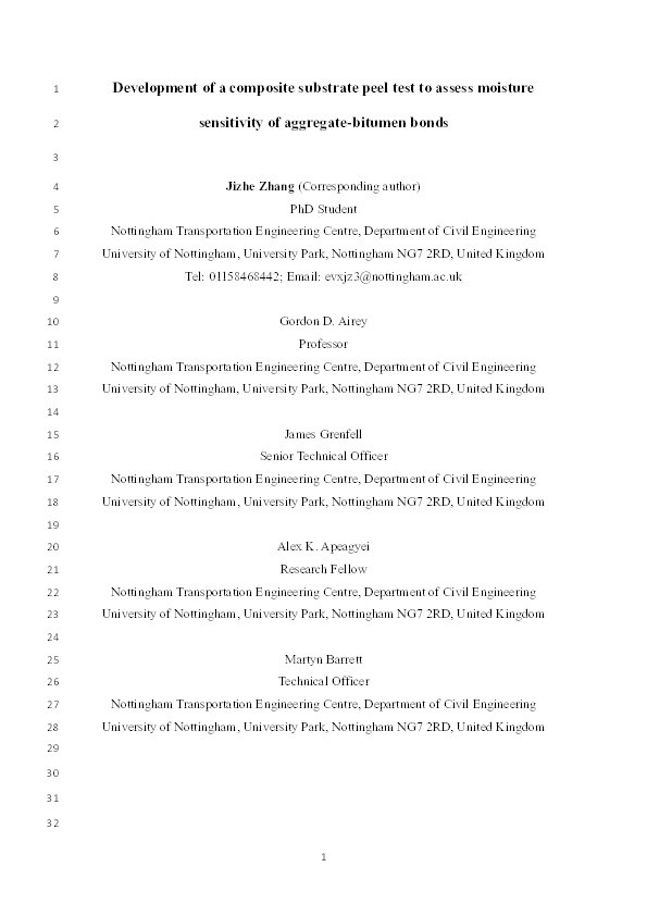 Development of a composite substrate peel test to assess moisture sensitivity of aggregate–bitumen bonds Thumbnail