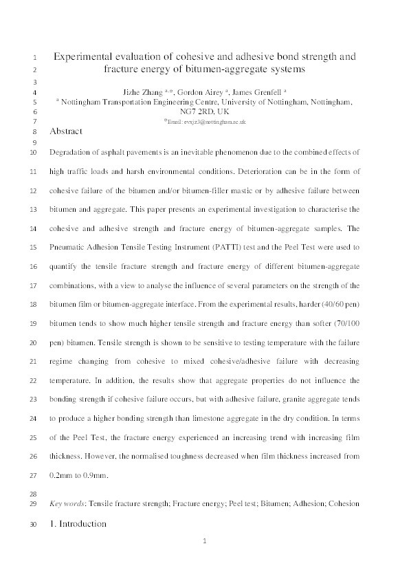 Experimental evaluation of cohesive and adhesive bond strength and fracture energy of bitumen-aggregate systems Thumbnail