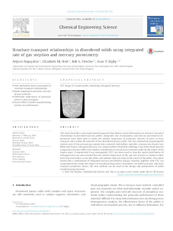 Structure-transport relationships in disordered solids using integrated rate of gas sorption and mercury porosimetry Thumbnail