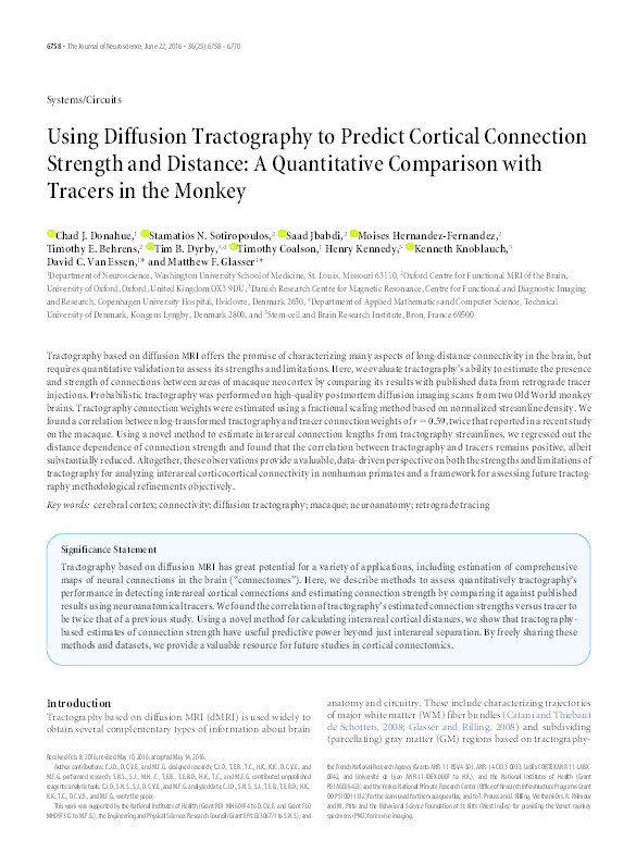 Using Diffusion Tractography to Predict Cortical Connection Strength and Distance: A Quantitative Comparison with Tracers in the Monkey Thumbnail