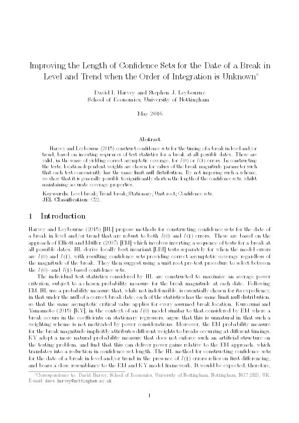 Improving the length of confidence sets for the date of a break in level and trend when the order of integration is unknown Thumbnail