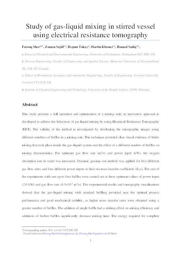 Study of gas-liquid mixing in stirred vessel using electrical resistance tomography Thumbnail